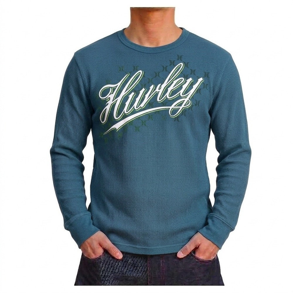Hurley Mens Teal Blue Waffle Knit Thermal Long Sleeve Logo Shirt Size Small